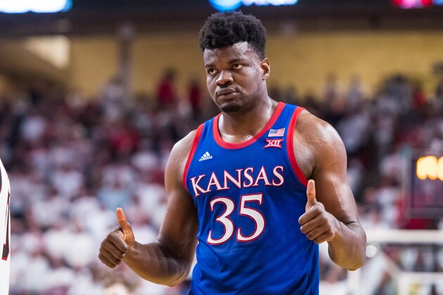 LUBBOCK, TEXAS - MARCH 07: Center Udoka Azubuike of the Kansas Jayhawks gestures