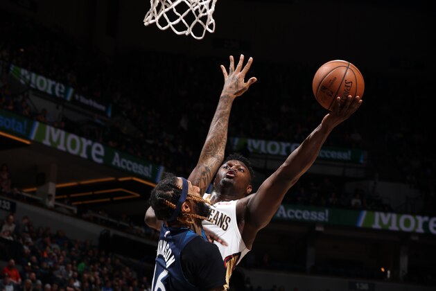 MINNEAPOLIS, MN -  MARCH 8: Zion Williamson #1 of the New Orleans Pelicans drives to the basket against the Minnesota Timberwolves on March 8, 2020 at Target Center in Minneapolis, Minnesota. NOTE TO USER: User expressly acknowledges and agrees that, by downloading and or using this Photograph, user is consenting to the terms and conditions of the Getty Images License Agreement. Mandatory Copyright Notice: Copyright 2020 NBAE (Photo by David Sherman/NBAE via Getty Images)