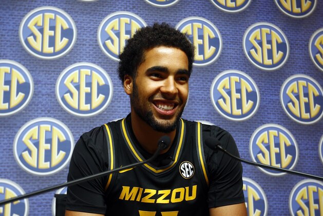 Missouri player Jontay Porter speaks during the SEC men's NCAA college basketball media day, Wednesday, Oct. 17, 2018, in Birmingham, Ala. (AP Photo/Butch Dill)