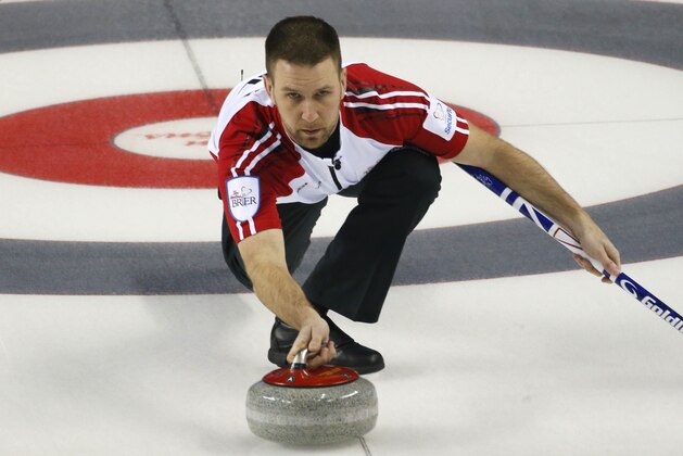 CALGARY, AB - MARCH 1: Newfoundland and Labrador skip Brad Gushue delivers his shot in his game against Northwest Territories during the Tim Horton's Brier at the Scotiabank Saddledome on March 1, 2015 in Calgary, Alberta, Canada. (Photo by Todd Korol/Getty Images)