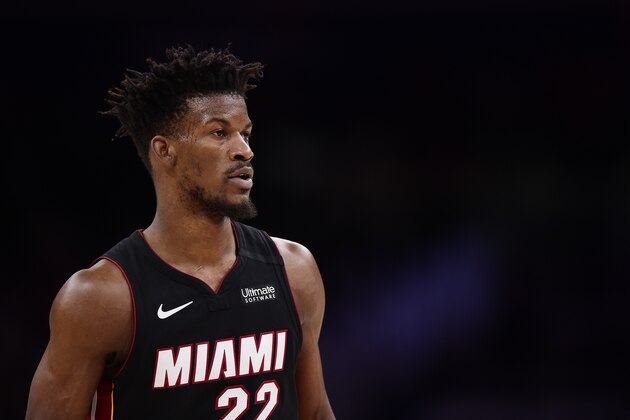 WASHINGTON, DC - MARCH 08: Jimmy Butler #22 of the Miami Heat looks on against the Washington Wizards in the first half at Capital One Arena on March 08, 2020 in Washington, DC. NOTE TO USER: User expressly acknowledges and agrees that, by downloading and or using this photograph, User is consenting to the terms and conditions of the Getty Images License Agreement. (Photo by Patrick McDermott/Getty Images)