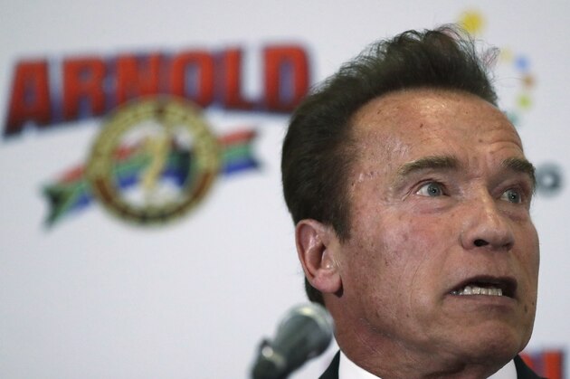 Arnold Schwarzenegger speaks during a news conference in Johannesburg, South Africa, Friday, May 5, 2017, to promote a three-day health and fitness festival starting today at the Sandton Convention Center Johannesburg.  The event will involve over 14,000 participants across various sports disciplines, as well as a three-day Health and Fitness Expo.  (AP Photo/Themba Hadebe)