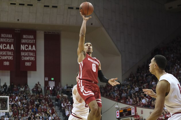 Wisconsin guard D'Mitrik Trice (0) in action during an NCAA college basketball game between Wisconsin and Indiana in Bloomington, Ind., Saturday, March 7, 2020. (AP Photo/AJ Mast)