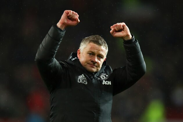 MANCHESTER, ENGLAND - MARCH 08: Ole Gunnar Solskjaer the head coach / manager of Manchester United celebrates at full time during the Premier League match between Manchester United and Manchester City at Old Trafford on March 8, 2020 in Manchester, United Kingdom. (Photo by Robbie Jay Barratt - AMA/Getty Images)