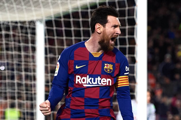 BARCELONA, SPAIN - MARCH 07: Lionel Messi of FC Barcelona celebrates scoring the opening goal during the Liga match between FC Barcelona and Real Sociedad at Camp Nou on March 07, 2020 in Barcelona, Spain. (Photo by Alex Caparros/Getty Images)