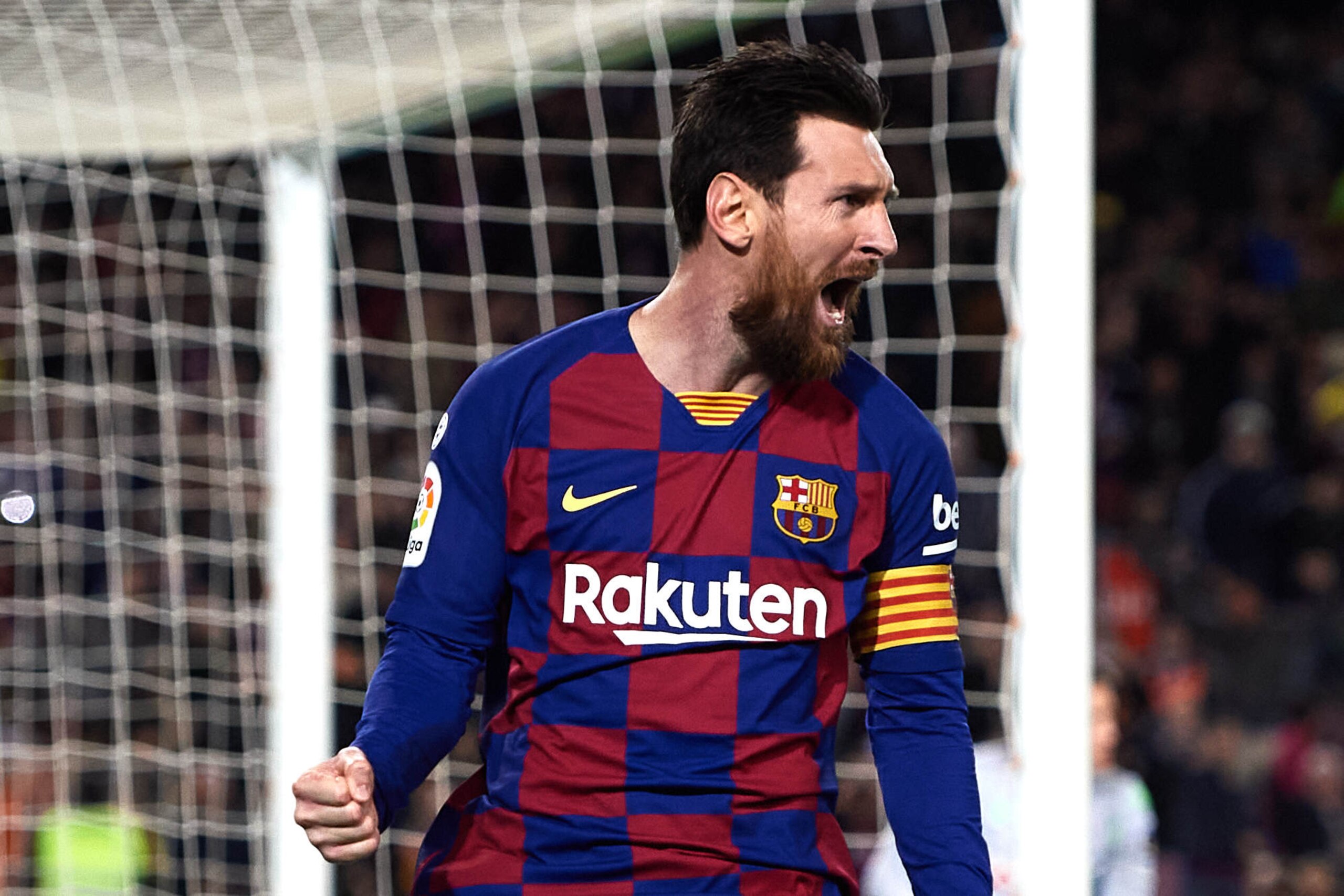 BARCELONA, SPAIN - MARCH 07: Lionel Messi of FC Barcelona celebrates scoring the opening goal during the Liga match between FC Barcelona and Real Sociedad at Camp Nou on March 07, 2020 in Barcelona, Spain. (Photo by Alex Caparros/Getty Images)