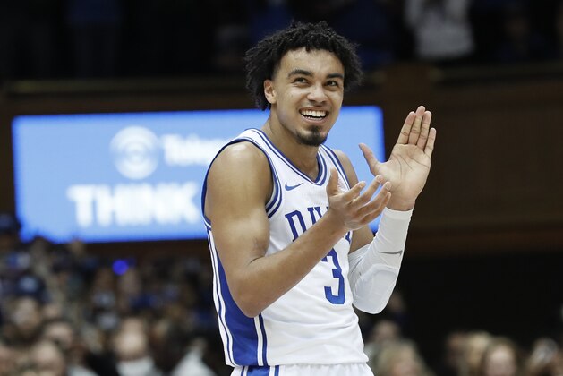 Duke guard Tre Jones (3) reacts during the second half of an NCAA college basketball game against North Carolina in Durham, N.C., Saturday, March 7, 2020. (AP Photo/Gerry Broome)