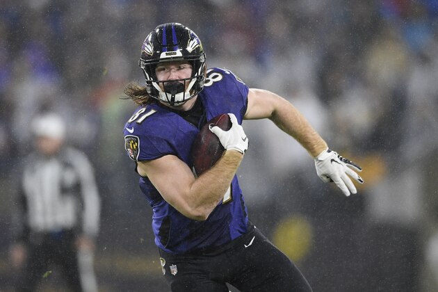 Baltimore Ravens tight end Hayden Hurst (81) runs with the ball during the first half of an NFL football game against the Pittsburgh Steelers, Sunday, Dec. 29, 2019, in Baltimore. (AP Photo/Nick Wass)