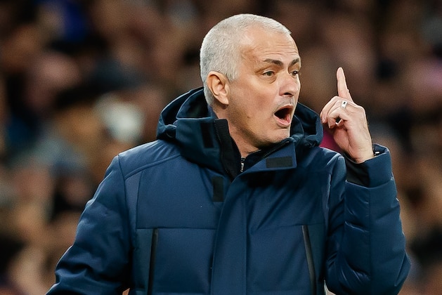 LONDON, ENGLAND - FEBRUARY 19: (BILD ZEITUNG OUT) head coach Jose Mourinho of Tottenham Hotspur gestures during the UEFA Champions League round of 16 first leg match between Tottenham Hotspur and RB Leipzig at Tottenham Hotspur Stadium on February 19, 2020 in London, United Kingdom. (Photo by Roland Krivec/DeFodi Images via Getty Images)