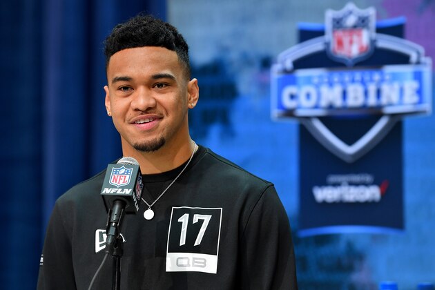 INDIANAPOLIS, INDIANA - FEBRUARY 25: Tua Tagovailoa #QB17 of Alabama interviews during the first day of the NFL Scouting Combine at Lucas Oil Stadium on February 25, 2020 in Indianapolis, Indiana. (Photo by Alika Jenner/Getty Images)