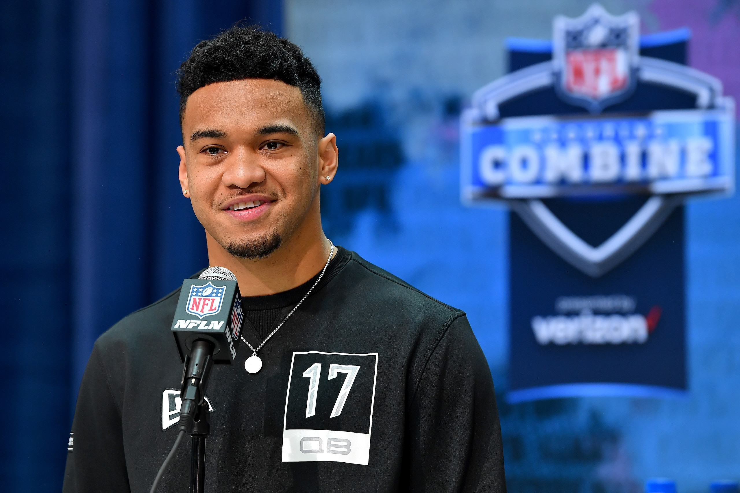 INDIANAPOLIS, INDIANA - FEBRUARY 25: Tua Tagovailoa #QB17 of Alabama interviews during the first day of the NFL Scouting Combine at Lucas Oil Stadium on February 25, 2020 in Indianapolis, Indiana. (Photo by Alika Jenner/Getty Images) INDIANAPOLIS, INDIANA - FEBRUARY 25: Tua Tagovailoa #QB17 of Alabama interviews during the first day of the NFL Scouting Combine at Lucas Oil Stadium on February 25, 2020 in Indianapolis, Indiana. (Photo by Alika Jenner/Getty Images)