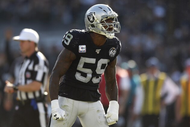 Oakland Raiders outside linebacker Tahir Whitehead (59) reacts after tackling Detroit Lions running back Ty Johnson during the second half of an NFL football game against the Detroit Lions in Oakland, Calif., Sunday, Nov. 3, 2019. (AP Photo/D. Ross Cameron)