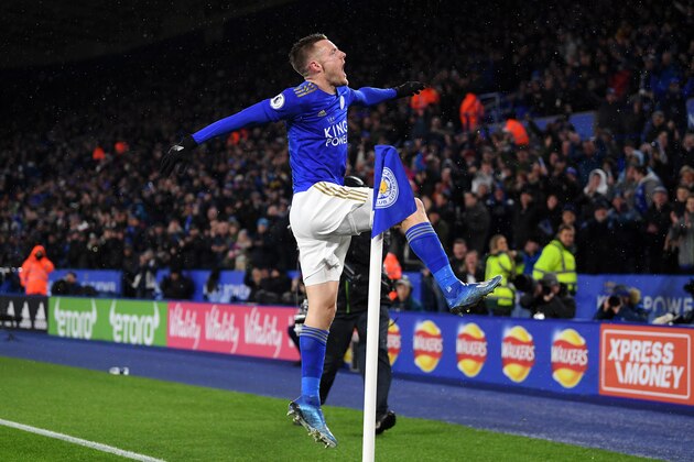 LEICESTER, ENGLAND - MARCH 09:  Jamie Vardy of Leicester City celebrates scoring his teams third goal of the game and his second during the Premier League match between Leicester City and Aston Villa at The King Power Stadium on March 09, 2020 in Leicester, United Kingdom. (Photo by Michael Regan/Getty Images)