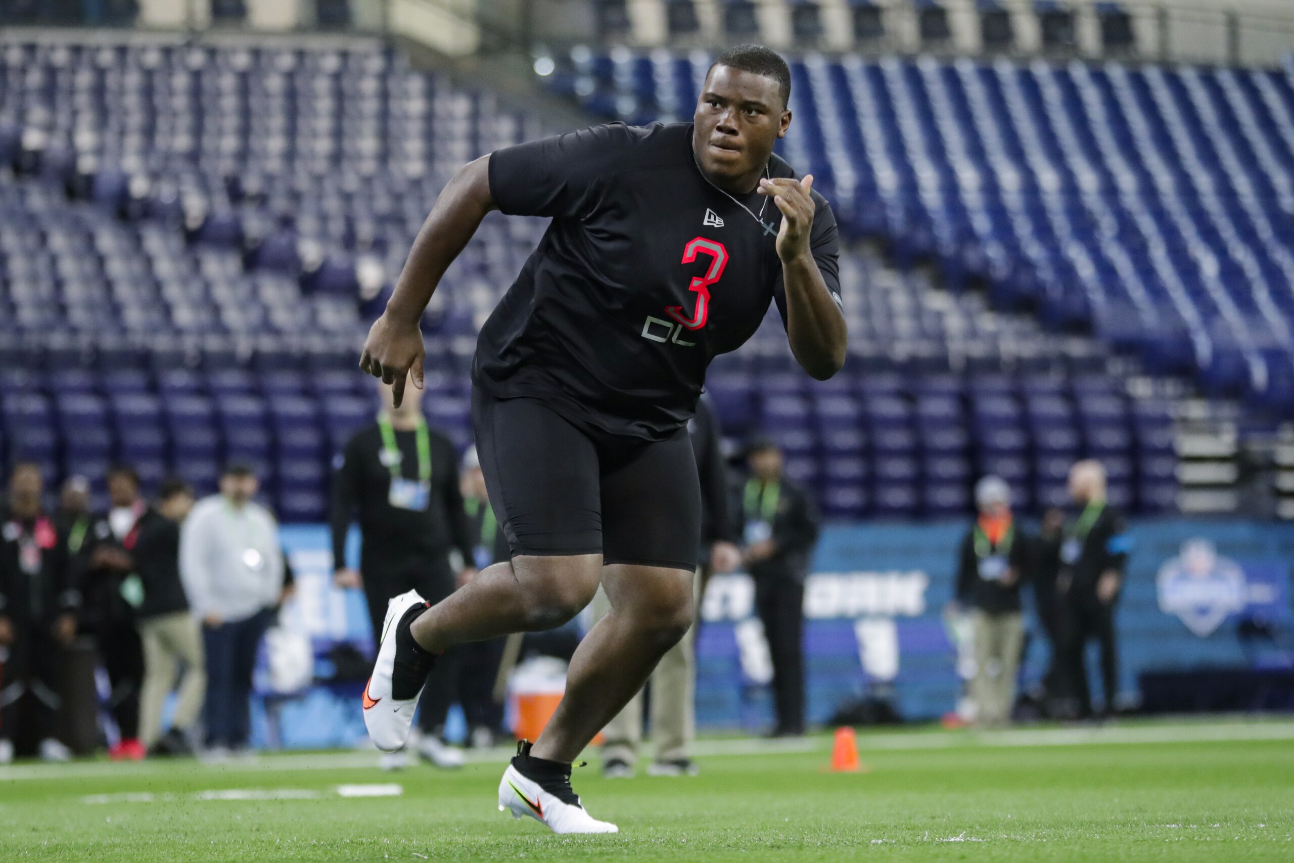 Auburn defensive lineman Derrick Brown runs a drill at the NFL football scouting combine in Indianapolis, Saturday, Feb. 29, 2020. (AP Photo/Michael Conroy)