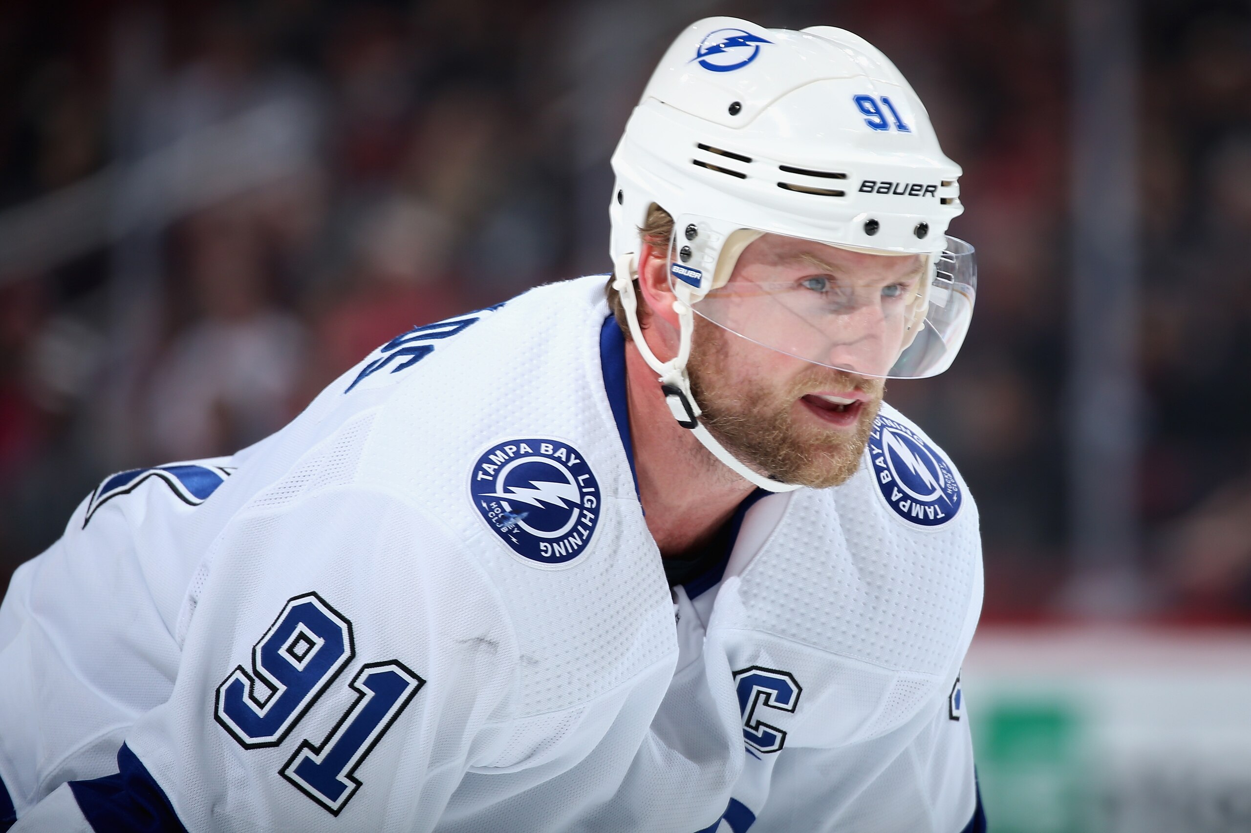 GLENDALE, ARIZONA - FEBRUARY 22: Steven Stamkos #91 of the Tampa Bay Lightning awaits a face off against the Arizona Coyotes during the first period of the NHL game at Gila River Arena on February 22, 2020 in Glendale, Arizona. (Photo by Christian Petersen/Getty Images) GLENDALE, ARIZONA - FEBRUARY 22: Steven Stamkos #91 of the Tampa Bay Lightning awaits a face off against the Arizona Coyotes during the first period of the NHL game at Gila River Arena on February 22, 2020 in Glendale, Arizona. (Photo by Christian Petersen/Getty Images)