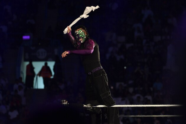 Jeff Hardy makes his way to the ring during the WWE World Cup Quarterfinal match as part of as part of the World Wrestling Entertainment (WWE) Crown Jewel pay-per-view at the King Saud University Stadium in Riyadh on November 2, 2018. (Photo by Fayez Nureldine / AFP)        (Photo credit should read FAYEZ NURELDINE/AFP via Getty Images)
