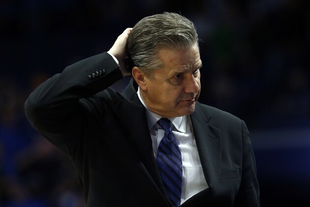 Kentucky coach John Calipari scratches his head late in the second half of the team's NCAA college basketball game against Tennessee, Tuesday, March 3, 2020, in Lexington, Ky. Tennessee won 81-73. (AP Photo/James Crisp)