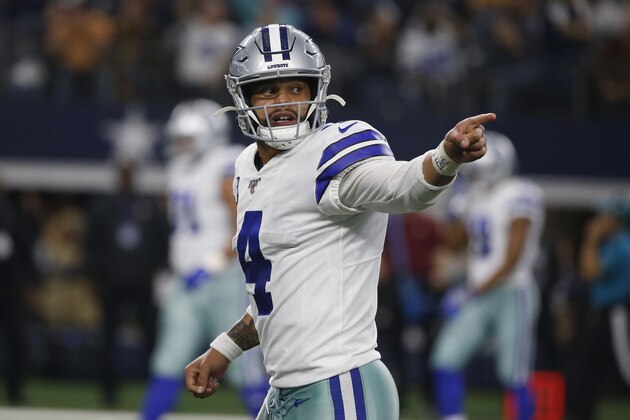 Dallas Cowboys quarterback Dak Prescott (4) during the first half of an NFL football game against the Washington Redskins in Arlington, Texas, Sunday, Dec. 15, 2019. (AP Photo/Ron Jenkins)