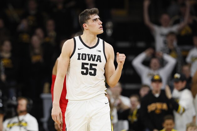 Iowa center Luka Garza celebrates during the second half of an NCAA college basketball game against Ohio State, Thursday, Feb. 20, 2020, in Iowa City, Iowa. Iowa won 85-76. (AP Photo/Charlie Neibergall)