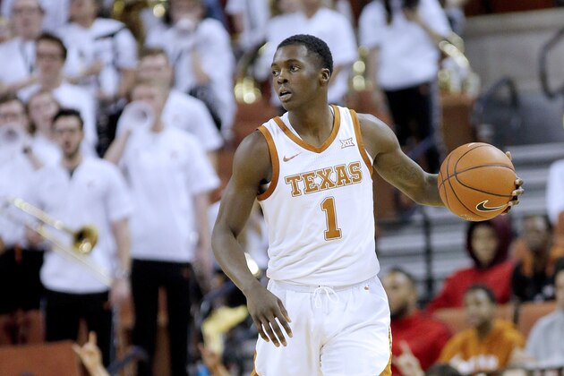 AUSTIN, TEXAS - FEBRUARY 24: Andrew Jones #1 of the Texas Longhorns brings the ball up court against the West Virginia Mountaineers at The Frank Erwin Center on February 24, 2020 in Austin, Texas. (Photo by Chris Covatta/Getty Images)
