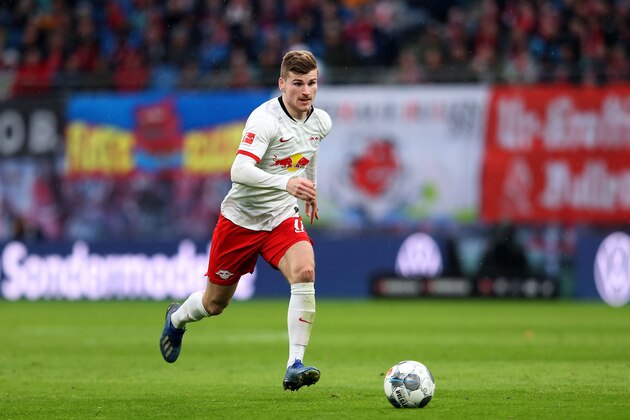 Leipzig's German forward Timo Werner runs with the ball during the German first division Bundesliga football match RB Leipzig v Bayer 04 Leverkusen, in Leipzig, eastern Germany on March 1, 2020. (Photo by Ronny Hartmann / AFP) / RESTRICTIONS: DFL REGULATIONS PROHIBIT ANY USE OF PHOTOGRAPHS AS IMAGE SEQUENCES AND/OR QUASI-VIDEO (Photo by RONNY HARTMANN/AFP via Getty Images)