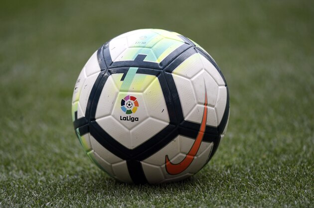 'La Liga' logo is seen on the ball of the Spanish league football match between Club Atletico de Madrid and Levante UD at the Wanda Metropolitano stadium in Madrid on April 15, 2018. / AFP PHOTO / GABRIEL BOUYS        (Photo credit should read GABRIEL BOUYS/AFP via Getty Images)