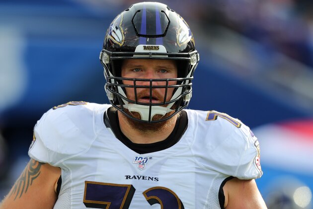 ORCHARD PARK, NY - DECEMBER 08: Marshal Yanda #73 of the Baltimore Ravens runs onto the field before a game against the Buffalo Bills at New Era Field on December 8, 2019 in Orchard Park, New York. Baltimore beats Buffalo 24 to 17. (Photo by Timothy T Ludwig/Getty Images) ORCHARD PARK, NY - DECEMBER 08: Marshal Yanda #73 of the Baltimore Ravens runs onto the field before a game against the Buffalo Bills at New Era Field on December 8, 2019 in Orchard Park, New York. Baltimore beats Buffalo 24 to 17. (Photo by Timothy T Ludwig/Getty Images)
