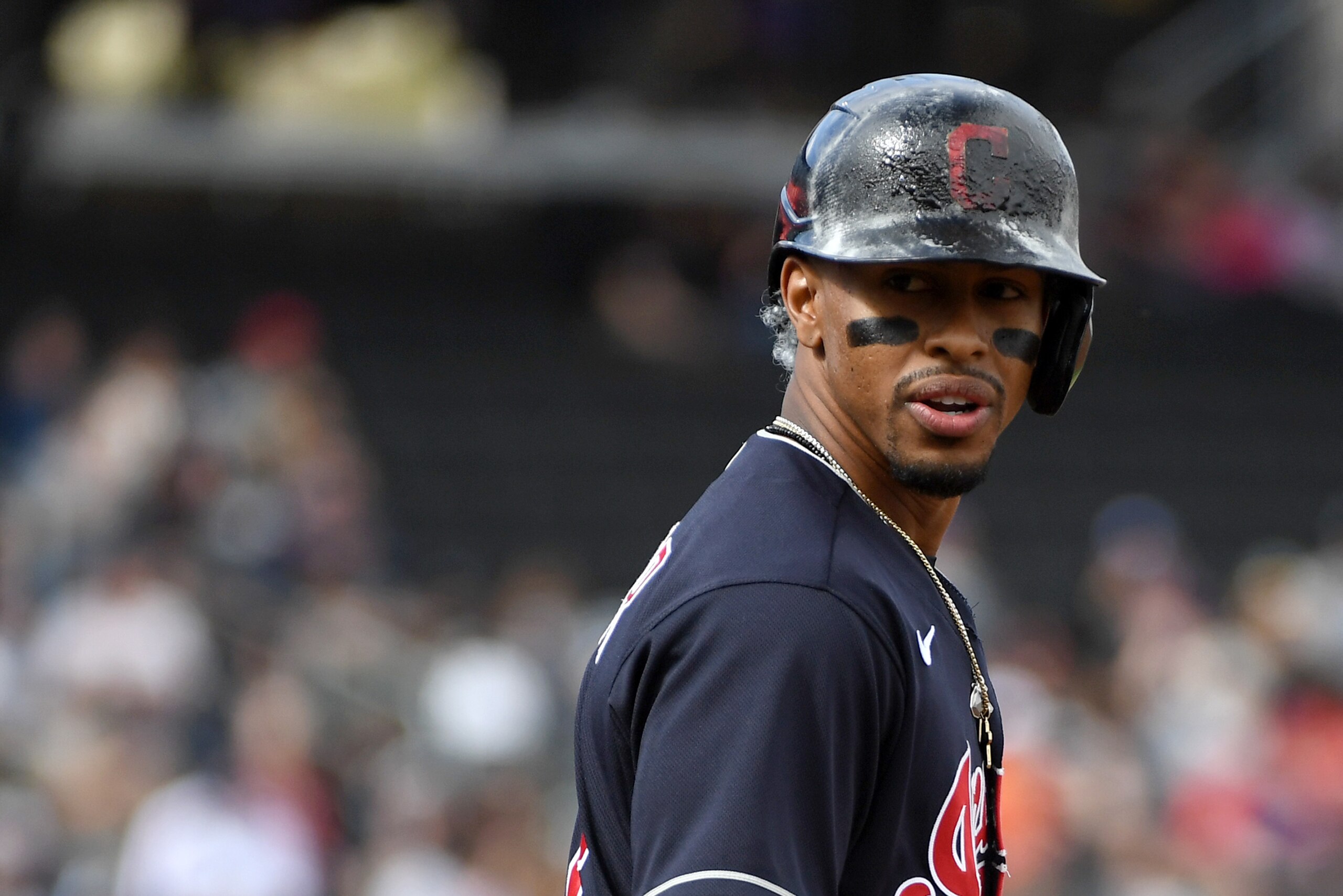 LAS VEGAS, NEVADA - FEBRUARY 29:  Francisco Lindor #12 of the Cleveland Indians stands on first base after getting a hit against the Oakland Athletics during their exhibition game at Las Vegas Ballpark on February 29, 2020 in Las Vegas, Nevada. The Athletics defeated the Indians 8-6.  (Photo by Ethan Miller/Getty Images)