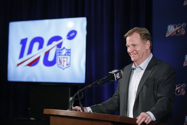 FILE - In this May 22, 2019, file photo, NFL Commissioner Roger Goodell speaks to the media during the NFL football owners meeting in Key Biscayne, Fla. The NFL would love the main focus of 2019 to be on the celebrations of its 100th season. After an egregious missed penalty (or two) that basically kept the Saints from making the Super Bowl and helped the Rams get there instead, there was little chance attention could be diverted from the guys with the whistles and their impact on games. (AP Photo/Brynn Anderson, File)