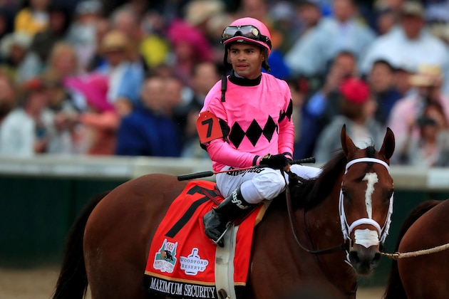 LOUISVILLE, KENTUCKY - MAY 04: Maximum Security #7, ridden by jockey Luis Saez reacts after the 145th running of the Kentucky Derby at Churchill Downs on May 04, 2019 in Louisville, Kentucky. (Photo by Tom Pennington/Getty Images)