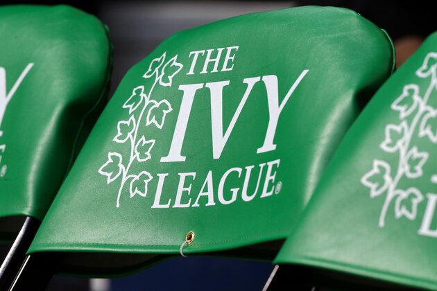 PHILADELPHIA, PA - MARCH 11: The Ivy League logo is displayed on chairs on the players bench during a game between the Princeton Tigers and the Pennsylvania Quakers at The Palestra during the semifinals of the Ivy League Basketball Tournament on March 11, 2017 in Philadelphia, Pennsylvania. Princeton won 72-64 in overtime. (Photo by Hunter Martin/Getty Images)