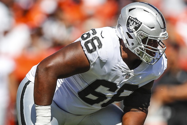 Oakland Raiders offensive guard Gabe Jackson (66) lines up against the Denver Broncos during the first half of an NFL football game, Sunday, Sept. 16, 2018, in Denver. (AP Photo/Jack Dempsey)