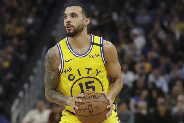 Golden State Warriors guard Mychal Mulder (15) against the Los Angeles Lakers during an NBA basketball game in San Francisco, Thursday, Feb. 27, 2020. (AP Photo/Jeff Chiu)