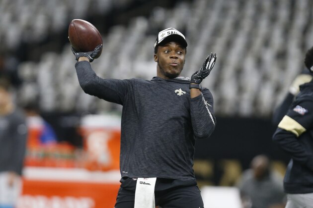 New Orleans Saints quarterback Teddy Bridgewater warms up before an NFL football game against the Carolina Panthers, Sunday, Nov. 24, 2019, in New Orleans. (AP Photo/Butch Dill)