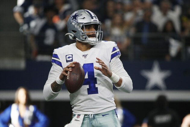 Dallas Cowboys quarterback Dak Prescott (4) throws against the Washington Redskins during the first half of an NFL football game in Arlington, Texas, Sunday, Dec. 15, 2019. (AP Photo/Ron Jenkins)