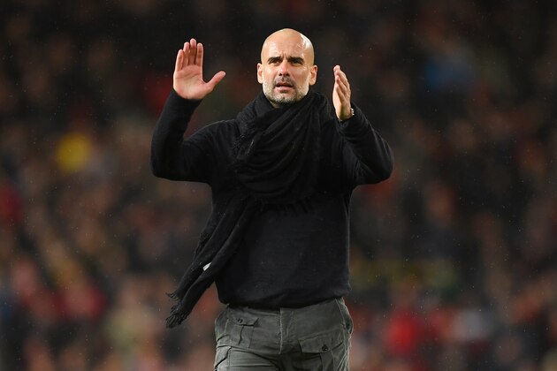 MANCHESTER, ENGLAND - MARCH 08: Manchester City manager Pep Guardiola looks on after during the Premier League match between Manchester United and Manchester City at Old Trafford on March 08, 2020 in Manchester, United Kingdom. (Photo by Michael Regan/Getty Images)
