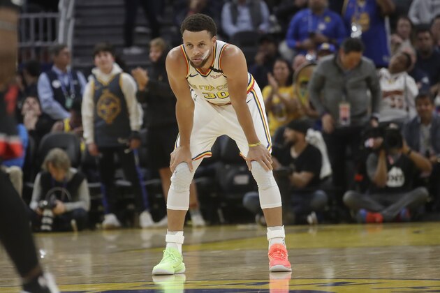 Golden State Warriors guard Stephen Curry (30) against the Toronto Raptors during an NBA basketball game in San Francisco, Thursday, March 5, 2020. (AP Photo/Jeff Chiu)