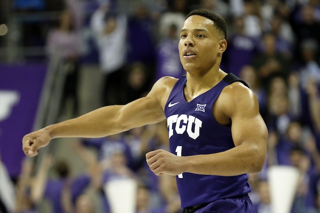 TCU guard Desmond Bane reacts with punch after a made three-point basket against Texas Tech during an NCAA college basketball game in Fort Worth, Texas, Tuesday, Jan. 21, 2020. TCU won 65-54. (AP Photo/Ray Carlin)