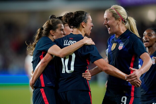 ORLANDO, FL - MARCH 05: Carli Lloyd #10 of the United States scores a goal and celebrates with Tobin Heath #17 and Lindsey Horan #9 during a game between England and USWNT at Exploria Stadium on March 05, 2020 in Orlando, Florida. (Photo by Brad Smith/ISI Photos/Getty Images)