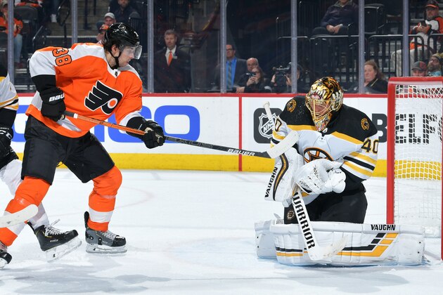 PHILADELPHIA, PA - MARCH 10: Tuukka Rask #40 of the Boston Bruins makes a save on a deflection by Derek Grant #38 of the Philadelphia Flyers in the third period at Wells Fargo Center on March 10, 2020 in Philadelphia, Pennsylvania. The Bruins won 2-0. (Photo by Drew Hallowell/Getty Images) PHILADELPHIA, PA - MARCH 10: Tuukka Rask #40 of the Boston Bruins makes a save on a deflection by Derek Grant #38 of the Philadelphia Flyers in the third period at Wells Fargo Center on March 10, 2020 in Philadelphia, Pennsylvania. The Bruins won 2-0. (Photo by Drew Hallowell/Getty Images)