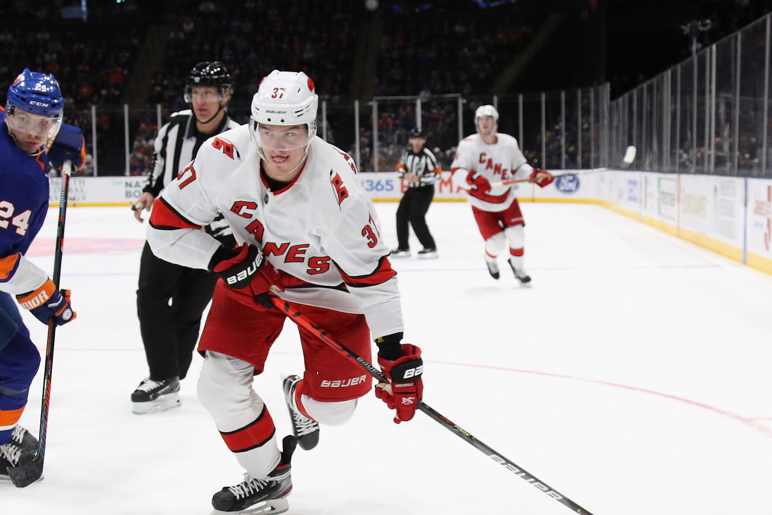 UNIONDALE, NEW YORK - MARCH 07: Andrei Svechnikov #37 of the Carolina Hurricanes skates against the New York Islanders at NYCB Live's Nassau Coliseum on March 07, 2020 in Uniondale, New York. (Photo by Bruce Bennett/Getty Images)