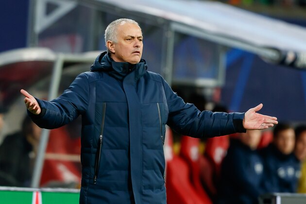 LEIPZIG, GERMANY - MARCH 10: (BILD ZEITUNG OUT) head coach Jose Mourinho of Tottenham Hotspur gestures during the UEFA Champions League round of 16 second leg match between RB Leipzig and Tottenham Hotspur at Red Bull Arena on March 10, 2020 in Leipzig, Germany. (Photo by Roland Krivec/DeFodi Images via Getty Images)