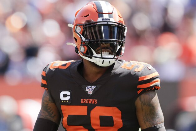 Cleveland Browns outside linebacker Christian Kirksey (58) warms up before an NFL football game against the Tennessee Titans, Sunday, Sept. 8, 2019, in Cleveland. (AP Photo/Ron Schwane)
