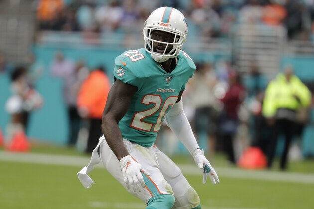 Miami Dolphins free safety Reshad Jones (20) waits for a play, during the second half at an NFL football game against the Buffalo Bills, Sunday, Nov. 17, 2019, in Miami Gardens, Fla. (AP Photo/Lynne Sladky)