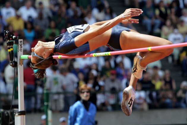 Erin Aldrich clears the bar on her way to winning the high jump at the Prefontaine Classic track and field meet in Eugene, Ore., Saturday, June 4, 2005. Aldrich won with a jump of 6-4 3/4. (AP Photo/Don Ryan)