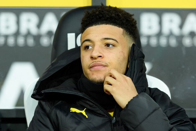 MOENCHENGLADBACH, GERMANY - MARCH 07: (BILD ZEITUNG OUT) Jadon Sancho of Borussia Dortmund sits on the bench prior to the Bundesliga match between Borussia Moenchengladbach and Borussia Dortmund at Borussia-Park on March 7, 2020 in Moenchengladbach, Germany. (Photo by Alex Gottschalk/DeFodi Images via Getty Images)