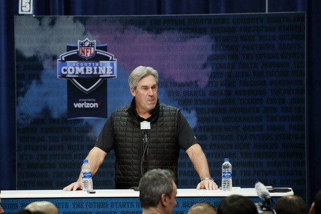 Philadelphia Eagles head coach Doug Pederson speaks during a press conference at the NFL football scouting combine in Indianapolis, Tuesday, Feb. 25, 2020. (AP Photo/Charlie Neibergall)