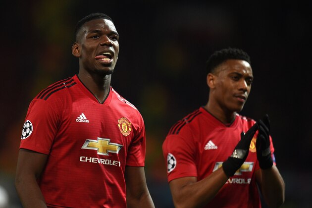 Manchester United's French midfielder Paul Pogba (L) and Manchester United's French forward Anthony Martial applaud fans after losing the UEFA Champions league first leg quarter-final football match between Manchester United and Barcelona at Old Trafford in Manchester, north west England, on April 10, 2019. (Photo by Oli SCARFF / AFP)        (Photo credit should read OLI SCARFF/AFP via Getty Images)