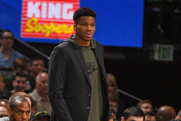 DENVER, CO - MARCH 9: Giannis Antetokounmpo #34 of the Milwaukee Bucks looks on during the game against the Denver Nuggets on March 09, 2020 at the Pepsi Center in Denver, Colorado. NOTE TO USER: User expressly acknowledges and agrees that, by downloading and/or using this Photograph, user is consenting to the terms and conditions of the Getty Images License Agreement. Mandatory Copyright Notice: Copyright 2020 NBAE (Photo by Garrett Ellwood/NBAE via Getty Images)