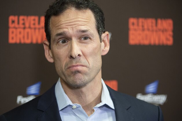 Paul DePodesta, chief strategy officer for the NFL Football Cleveland Browns listens to a question during a news conference at FirstEnergy Stadium in Cleveland,Tuesday, Jan. 14, 2020. (AP Photo/Phil Long)